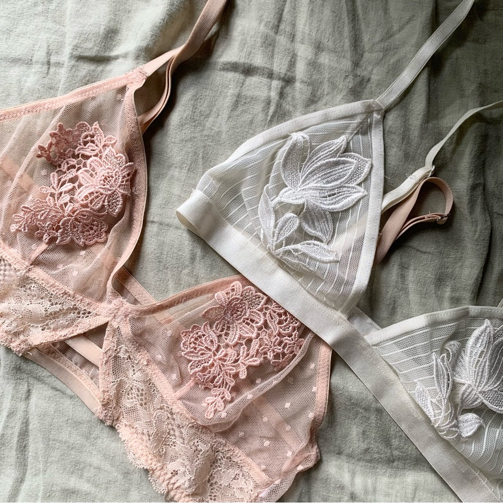 Blush Pink + White bralettes with lace and floral appliqué (s/m)